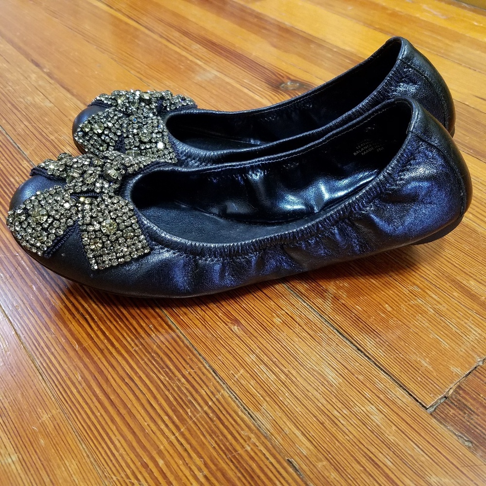 Audrey Brooke blue leather flats with jeweled bow